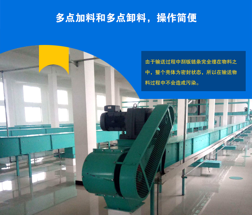 埋刮板輸送機(jī)可多點(diǎn)加料、卸料，輸送距離長(zhǎng)