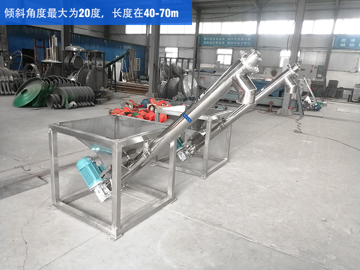 GX型絞龍輸送機(jī)傾斜角度最大為20度，長(zhǎng)度在40-70m